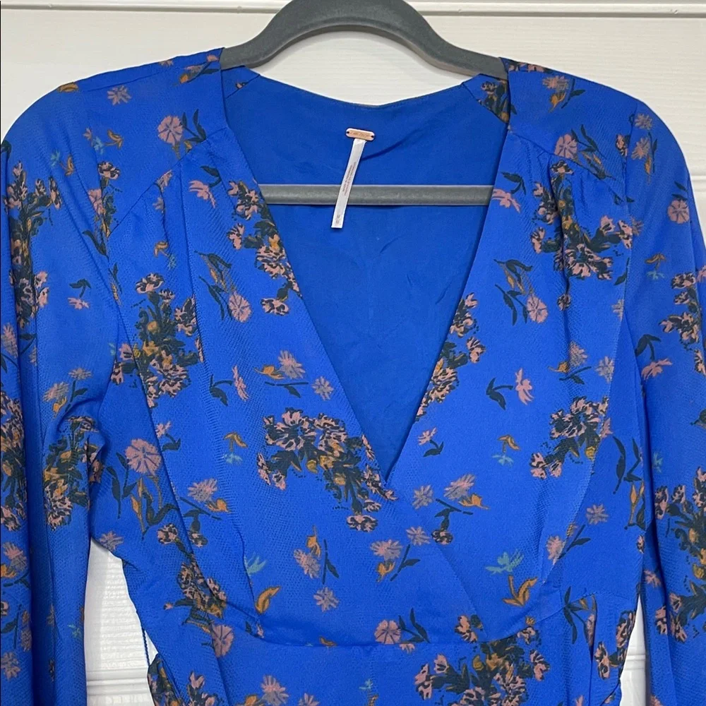 Free People Lilou Cobalt Blue Floral Wrap Dress with Bell Sleeves EUC Medium